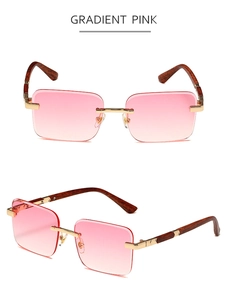 Detail view of rimless rectangle sunglasses with gradient pink lenses and wood grain temples