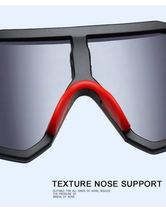 Detail of red textured anti-slip nose support on large frame cycling sports sunglasses