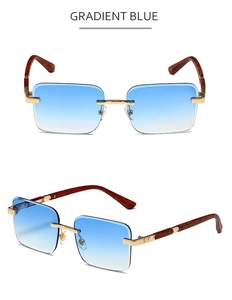 Macro view of rimless square gradient blue sunglasses with wooden textured temples