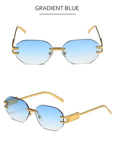 Detail showing rimless gold metal sunglasses with gradient blue lenses and textured bridge