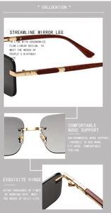 Detail view of ergonomic nose pads and metal hinges on rimless wood grain sunglasses