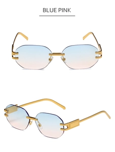 Detail of rimless polygon sunglasses with blue-pink gradient lenses and gold metal frame