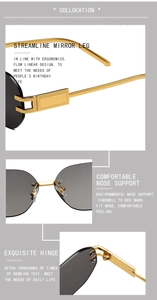 Detail view of grey rimless lenses with golden metal temples and ergonomic nose pads