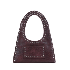 Retro burgundy studded shoulder bag with silver rivet details and hobo silhouette
