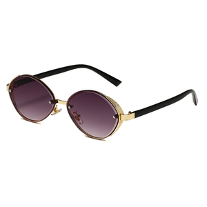 Retro oval sunglasses with purple gradient lenses and gold honeycomb metal texture details