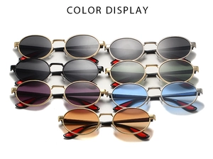 Top view of retro oval sunglasses collection in seven diverse metallic color combinations