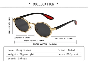 Detailed size guide of retro oval sunglasses featuring dimensions and gold metal frame