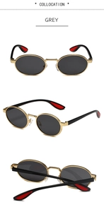 Detailed multi-angle views of retro oval sunglasses with gold metal frames and grey lenses