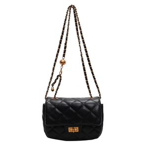 Classic black quilted leather chain bag with golden turn-lock closure on white background
