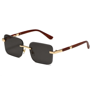 Rimless Square Sunglasses With Metal Frame And Wood Grain Temples Gradient UV400 Lens Retro Fashion For Men Women