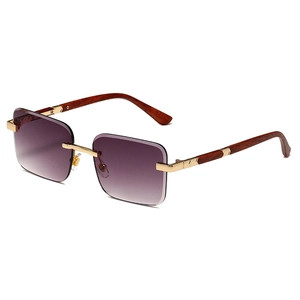 Frameless square sunglasses with purple gradient lenses and wood grain temples