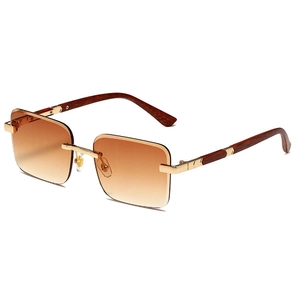 Rimless rectangular sunglasses with brown gradient lenses and dark wood grain temples