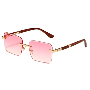 Fashion rimless square sunglasses with pink gradient lenses and wood grain temples