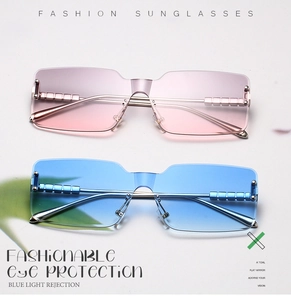 Detail of rimless square sunglasses with gradient lenses and metal block temple accents