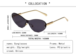 Detaillierte Größenangaben für randlose Schmetterlingssonnenbrille mit lila Gläsern