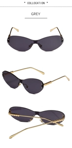 Drei Ansichten der randlosen Schmetterlings-Sonnenbrille mit grauen Gläsern und Goldbügeln