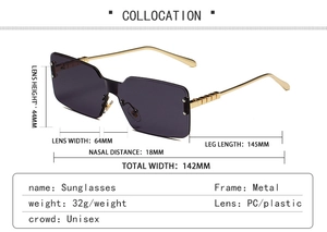 Detailed size specifications for rimless square sunglasses with dimensions and metal frame