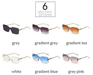 Detailed comparison of six rimless rectangular sunglasses in multiple vibrant colors