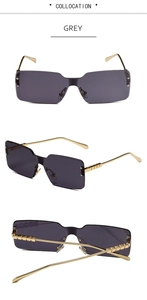 Multiple views of rimless square sunglasses with grey lenses and gold metal temples