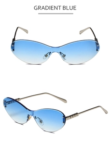 Detailansicht der randlosen Sonnenbrille mit blauem Farbverlauf und Metallbügeln