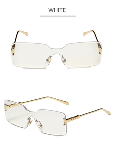 Detail of rimless square sunglasses with white lenses and gold geometric metal temples