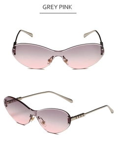 Details einer randlosen Schmetterlings-Sonnenbrille mit grau-rosa Verlaufsgläsern