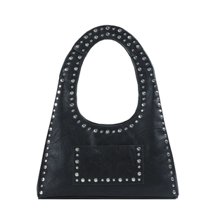 Vintage black leather shoulder bag with silver rivet studs and trapezoidal silhouette