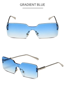 Detail of rimless square sunglasses featuring gradient blue lenses and silver metal temples
