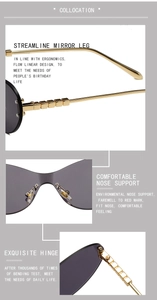 Details zu goldenen Bügeln, weichen Nasenpads und Scharnieren der randlosen Sonnenbrille