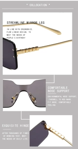 Detail of gold metal temples with geometric décor and purple gradient rimless lenses
