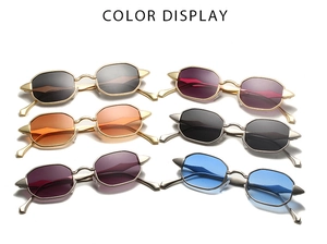 Collection of irregular polygon metal sunglasses in six vibrant lens colors with cone accents