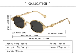 Detailed dimensions of retro gold metal sunglasses with geometric frame and measurements