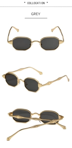 Three-angle views of grey octagonal sunglasses with gold frames and relief temple detail