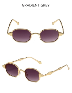 Detailed multi-angle views of retro polygon metal sunglasses with gradient grey lenses
