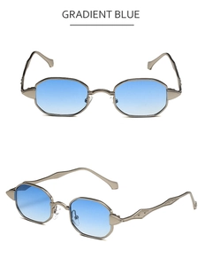 Detail view of octagonal silver metal sunglasses with gradient blue lenses and diamond pattern