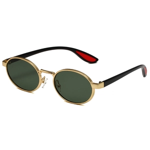 Retro oval sunglasses with gold metal frame and dark lenses, professional front view