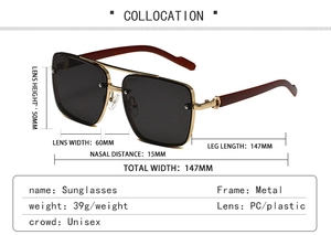 Tableau des tailles détaillé pour lunettes de soleil carrées en métal avec dimensions