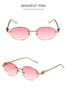 Vue détaillée de lunettes de soleil ovales sans monture rose dégradé avec tête de panthère