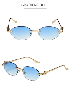 Détails de lunettes de soleil sans monture bleu dégradé avec charnière léopard dorée