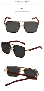 Détails de lunettes pilote carrées avec double pont doré et branches aspect bois