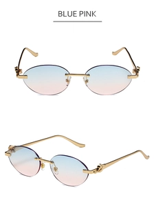Détails de lunettes de soleil ovales sans monture avec verres dégradés bleu rose et branches