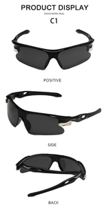 Présentation sous trois angles de lunettes de sport noir mat avec verres gris fumé