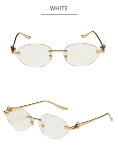 Vue détaillée des lunettes de soleil ovales sans monture avec charnières dorées et branches blanches