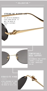 Détail de lunettes de soleil sans monture avec branche léopard dorée et plaquettes de nez