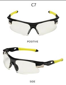 Vue détaillée des lunettes de sport avec monture noire et embouts de branches jaune fluo