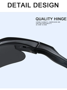 Vue détaillée des charnières noires durables et des vis des lunettes de soleil de sport
