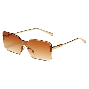 Fashion rimless square sunglasses with brown gradient lenses and gold geometric metal temples