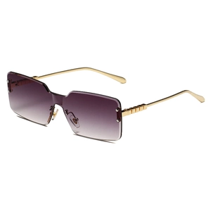Frameless square sunglasses with gradient purple lenses and gold metal stepped temples
