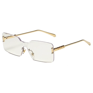 Frameless square sunglasses with light purple lenses and gold geometric metal temples