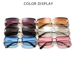Detail view of rimless rectangle sunglasses featuring six crystal-embellished color lenses